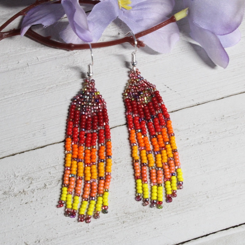 Handmade Seed Beaded Earrings Magic Raspberry Bright Colorful Earrings 3” Long